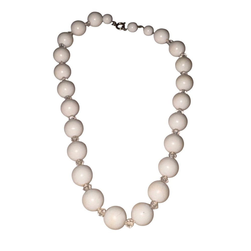 Vintage White Bead Necklace with Clear Crystal Spacers Silver‎ Tone Clasp